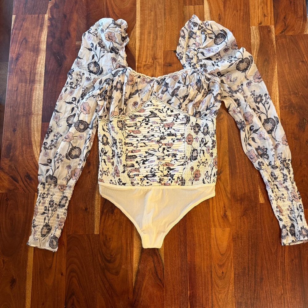 NWT Free People Floral Smocked Long-Sleeve One-Piece Bodysuit in Cream size M